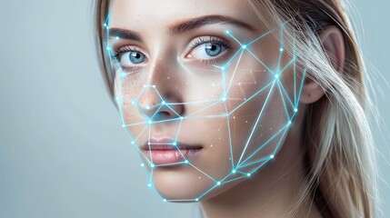 A woman's face with a grid of grids applied on top of it. Concept of cosmetic procedures. Digital facial identification system. Biometric verification. Polygonal mesh facial recognition technology.