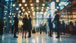 © Ashi - Enigmatic silhouettes amidst illuminated displays: abstract blur of people in exhibition hall event, trade show or expo background
