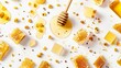 Honeycomb, honey pools, and dipper on a light surface. Natural honey and honeycomb. Concept of organic food production, bee products, and agriculture. Background