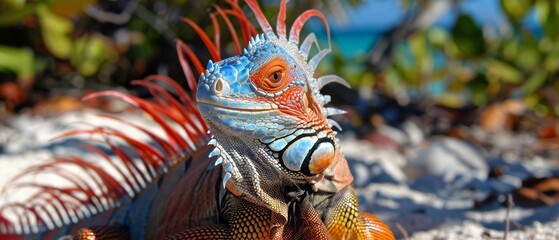 Canvas Print -   A close-up of an iguana on the ground surrounded by leaves and a body of water in the back