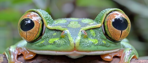 Canvas Print -   A close-up of a green frog with round, black, and orange-colored eyes