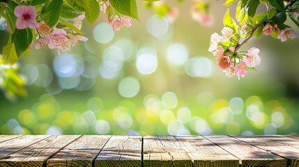 Wall Mural - twigs with pink blossoms as spring frame in front of a green bokeh of a meadow and a wooden ground in warm bright look