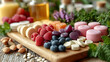 A diverse continental breakfast spread with an array of fruits, cheeses, cold cuts and fresh bread