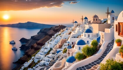Wall Mural - Amazing evening view of Santorini island. Panorama of summer sunset on the famous Greek resort Fira, Greece, Europe. Luxury travel concept background. Summer vacation or holiday, fantastic scene 