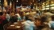 © Ashi - Vibrant restaurant scene: busy dining area with patrons enjoying meals, waitstaff hustling, and chefs in action, motion blur effect