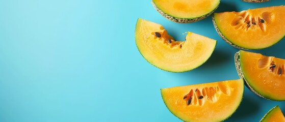 Poster -   A half-cut melon rests atop a table beside other melons on a blue background