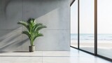 Fototapeta  - Serene indoor oasis: lush greenery on white floor against modern concrete wall, lounge area with coffee table by glass window overlooking ocean - luxury beach house interior design concept