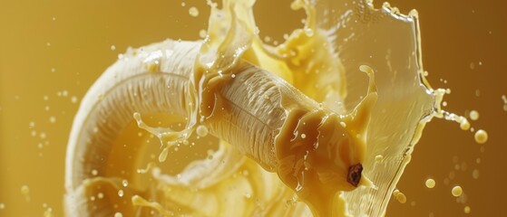 Sticker -   A banana drops into water with a peel in the foreground and a banana in the background