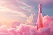Pink champagne bottle with clean label for product design against pastel fluffy clouds and sky