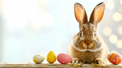 Wall Mural - easter bunny with eggs peeking out on the fence,  isolated pastel background 