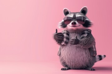 Wall Mural - Portrait of a joyful cool raccoon wearing sunglasses and human clothing shows a thumbs up
