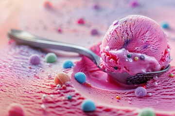 a scoop of pink ice cream with sprinkles on top