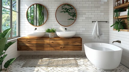 An oasis of minimalism: Privacy in a white brick bathroom with a large oval bathtub and two washbasins