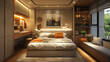 Design of the interior. Stylish bedroom in beige calm color