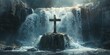 Waterfall splitting around a cross shaped rock, persistence blue background for enduring faith.