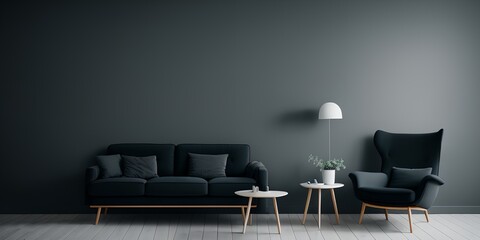 A living room with a black couch and two black chairs