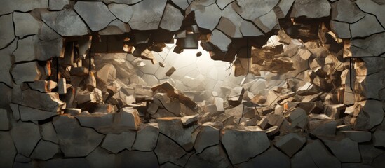 Poster - A close up of a hole in a weathered wall with a bright light passing through, creating a dramatic effect in a dark room