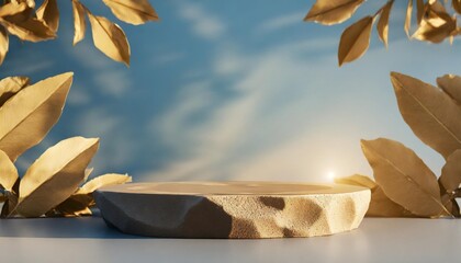 Canvas Print - stone product display podium with nature leaves on blue background 3d rendering