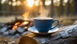 blue enamel cup of hot steaming coffee sitting on an old log by an outdoor campfire extreme shallow depth of field with selective focus on mug