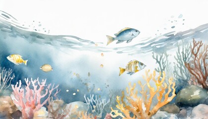 Wall Mural - coral reef underwater blue watercolor illustration fish and corals ocean nature cartoon image on white background