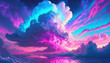 Beautiful fluffy clouds in neon blue and pink colors. Abstract art. Fantasy background.