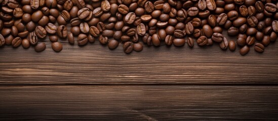 Sticker - Fresh coffee beans arranged on a rustic wooden table, providing ample space for adding text or graphics, creating a warm and inviting atmosphere