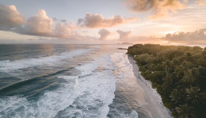 Canvas Print - overhead aerial photograph of waves crashing on the shoreline at sunset island tropical beach