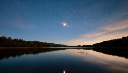 Canvas Print - reflection of the moon and stars on a still lake drenched in inky blue stars shimmering on the water surface tranquil and serene soft brush strokes