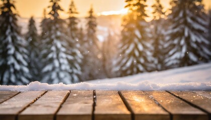 Wall Mural - a wooden table boards and blurred defocused snow covered trees in the background