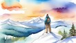 man on the edge of a snowy mountain, looking into the distance at the mountain peaks. a moment of complete peace and solitude.concept of travel, freedom, inspiration and loneliness,greatness of nature