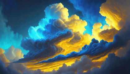 Wall Mural - Beautiful fluffy clouds in neon blue and yellow colors. Abstract art. Fantasy background.