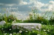 White stone podium on green meadow with grass and flowers ready for product placement, freshness