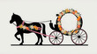Multicolored flower adorned wedding horse and carriage silhouette, empty coach for personalization