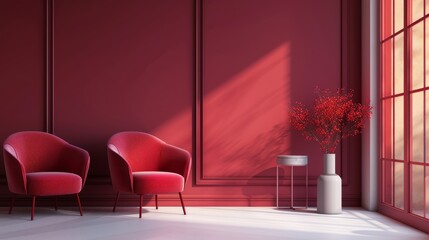 Vibrant luxury living room interior design with trendy magenta accents and crimson red burgundy chairs - modern 3d render