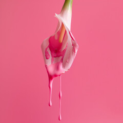 Wall Mural - Calla flower with dripping pink paint. Minimal summer exotic concept with copy space.