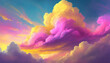 Beautiful fluffy clouds in neon pink and yellow colors. Abstract art. Fantasy background.
