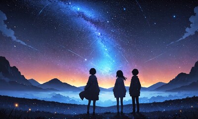 Wall Mural - Three figures standing beneath a starry midnight sky