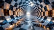 A tunnel with a checkered floor and light coming out of it, AI