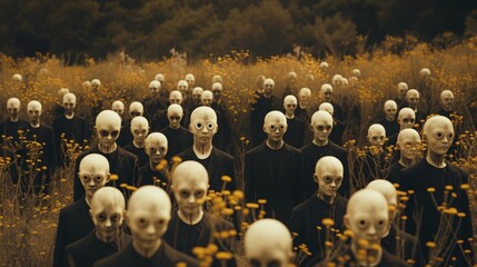 Canvas Print - A group of people with alien heads standing in a field, AI