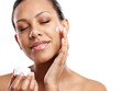 © peopleimages.com - Face, skincare and woman with cream for beauty, container with cosmetic product and dermatology on white background. Healthy skin, glow with lotion or sunscreen, calm with eyes closed and moisturizer