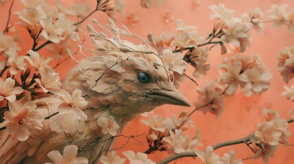 Canvas Print - A close up of a bird with branches and flowers on it, AI