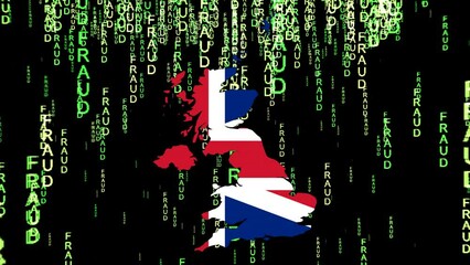 Wall Mural - Digital Representation of UK map Flag Overlaid With Fraud Text