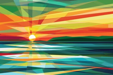 Poster - sunset over the sea, with geometric shapes and vibrant colors background is filled with shades of green, orange, yellow, blue, and white Generative AI