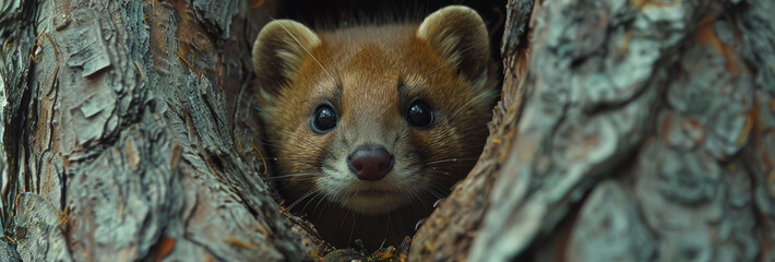 Poster -   Close-up photo of a small creature emerging from a tree trunk hole on a dark background