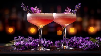 Poster -   Two wine glasses with drinks on a blurry background featuring purple flowers in the foreground