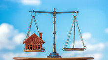 Concept Image: Scales Of Justice Balancing A House, Symbolizing Fairness In Legal And Financial Matters Like Real Estate