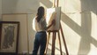 Female Artist Works on Abstract Oil Painting. Women standing in front of an easel