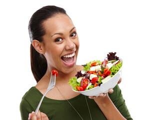 Sticker - Woman, portrait and salad for health in studio, benefits and vegetables for nutrition on white background. Female person, organic and pride for detox or minerals on diet, weight loss and vitamins