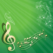 vector music background. Green illustration with birds on branches. Golden musical notes