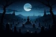 graveyard under full moon with silhouetted trees and glowing tombstones in tranquil landscape, halloween theme